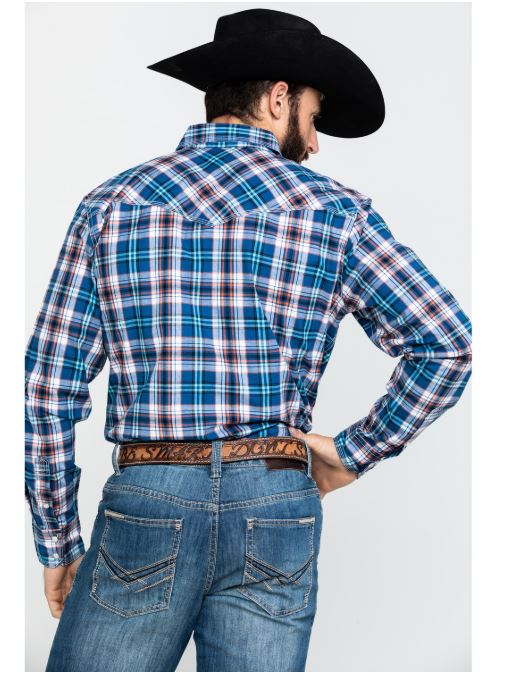 Wrangler Navy/Coral 20X Advanced Comfort Competition Mens Long Sleeve Shirt MJC247M