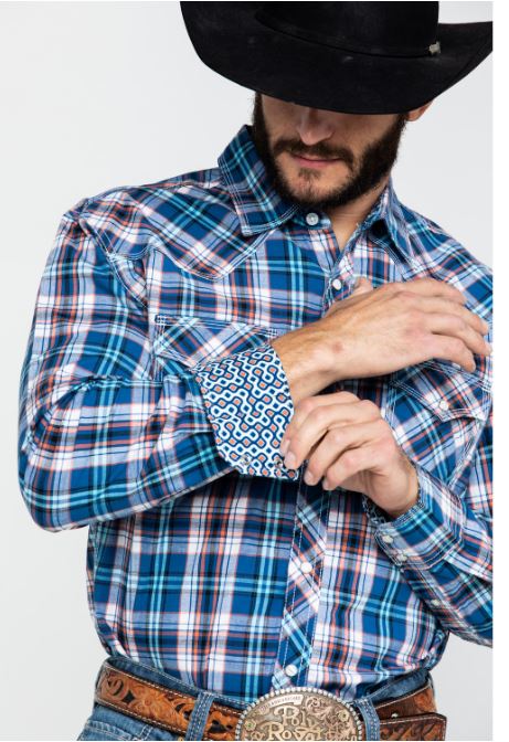 Wrangler Navy/Coral 20X Advanced Comfort Competition Mens Long Sleeve Shirt MJC247M