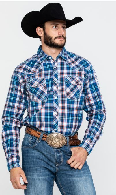 Wrangler Navy/Coral 20X Advanced Comfort Competition Mens Long Sleeve Shirt MJC247M