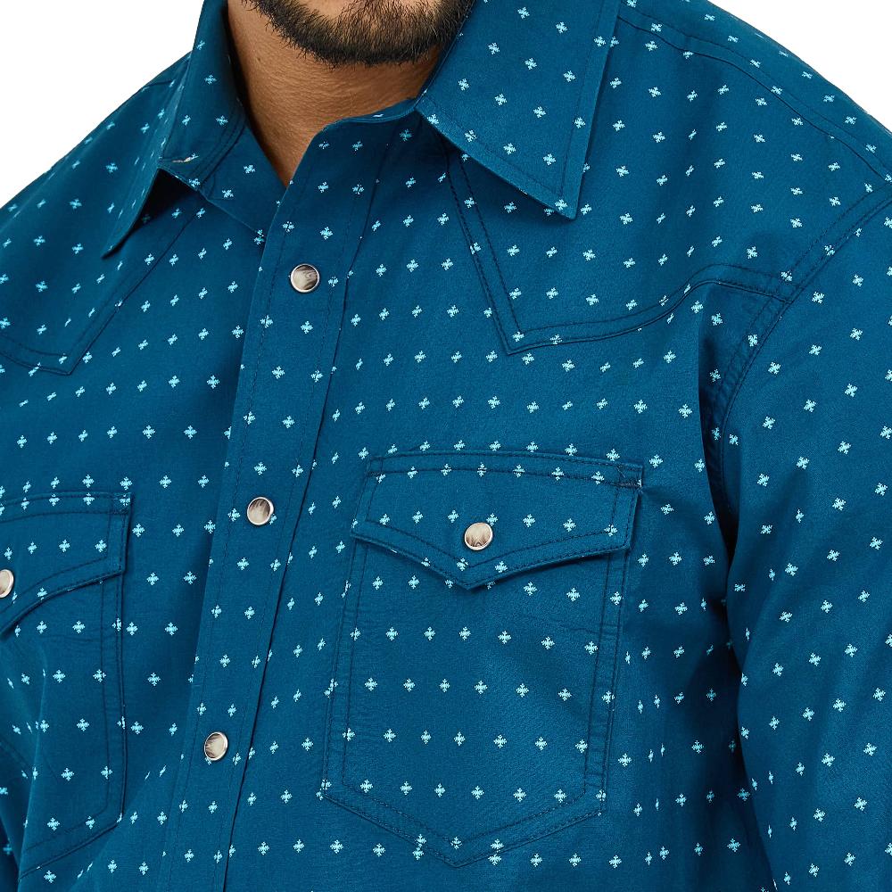 Wrangler Navy/Turquoise 20X Competition Advanced Comfort Classic Fit Men's Collared Short Sleeve Snap Shirt 112365396