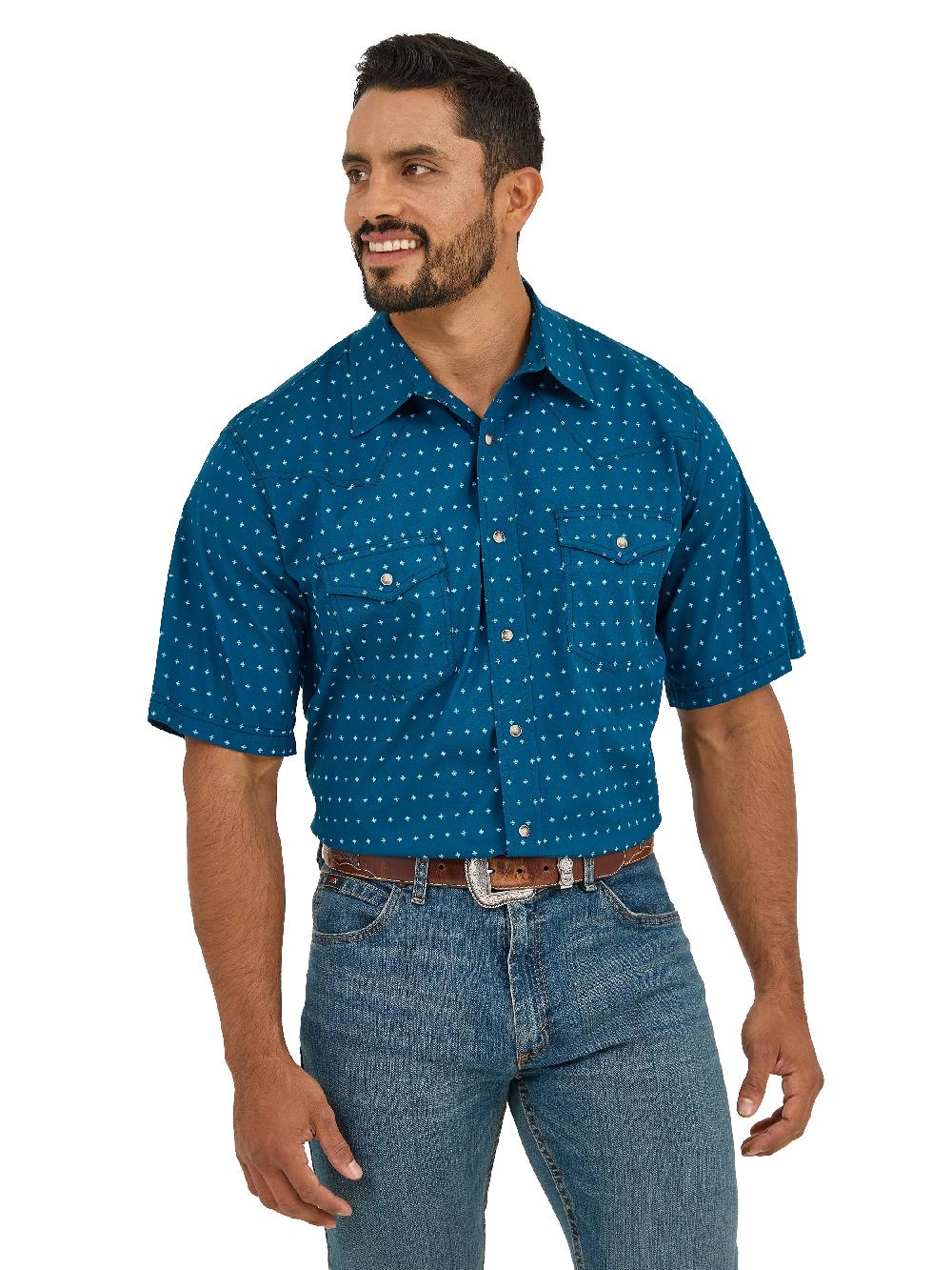 Wrangler Navy/Turquoise 20X Competition Advanced Comfort Classic Fit Men's Collared Short Sleeve Snap Shirt 112365396