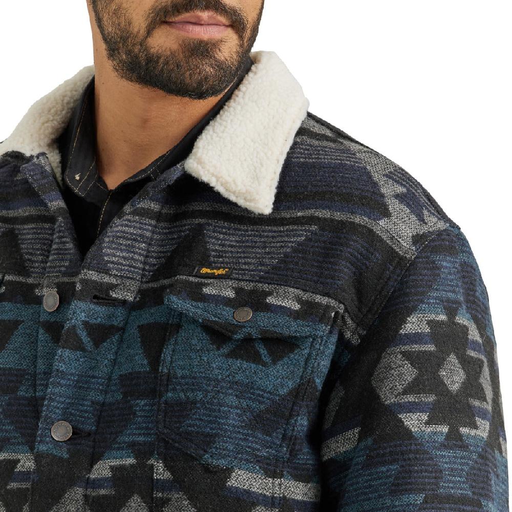 Wrangler Navy Waters Sherpa Lined Men's Jacquard Print Jacket With Spread Collar 112352866