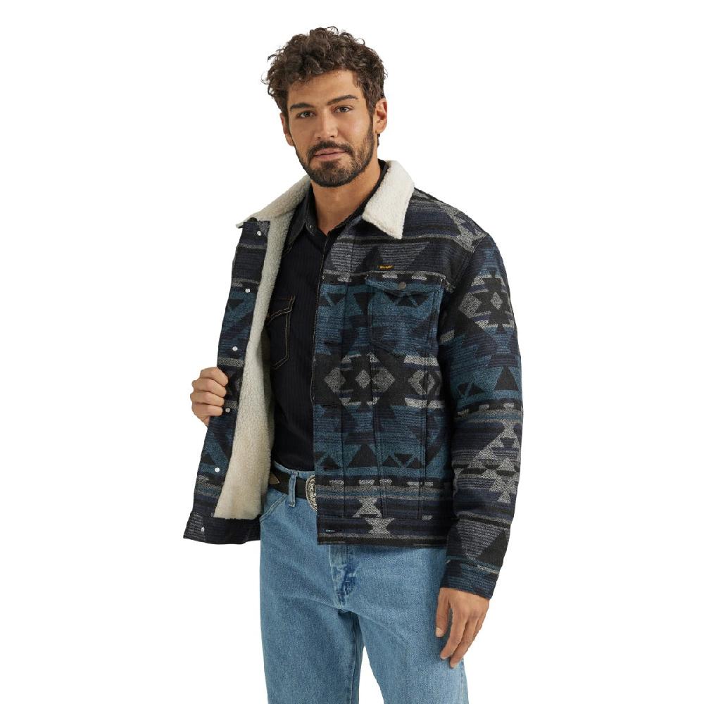 Wrangler Navy Waters Sherpa Lined Men's Jacquard Print Jacket with Spread Collar 112352866