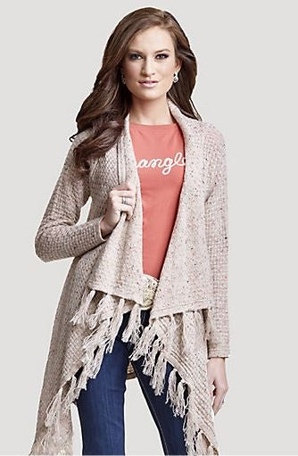 Wrangler Oatmel Heather Women's Retro Open Front Fringe Cardigan LWK874M