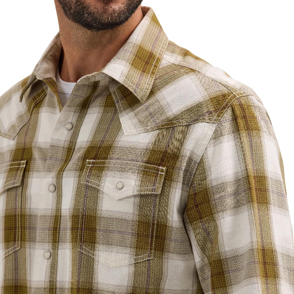 Wrangler Olive Plaid Retro Premium Men's Collared Long Sleeve Snap Shirt 112365631