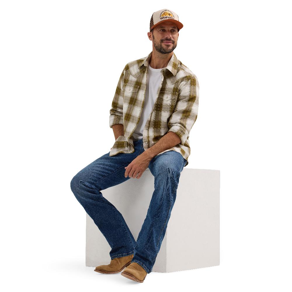 Wrangler Olive Plaid Retro Premium Men's Collared Long Sleeve Snap Shirt 112365631