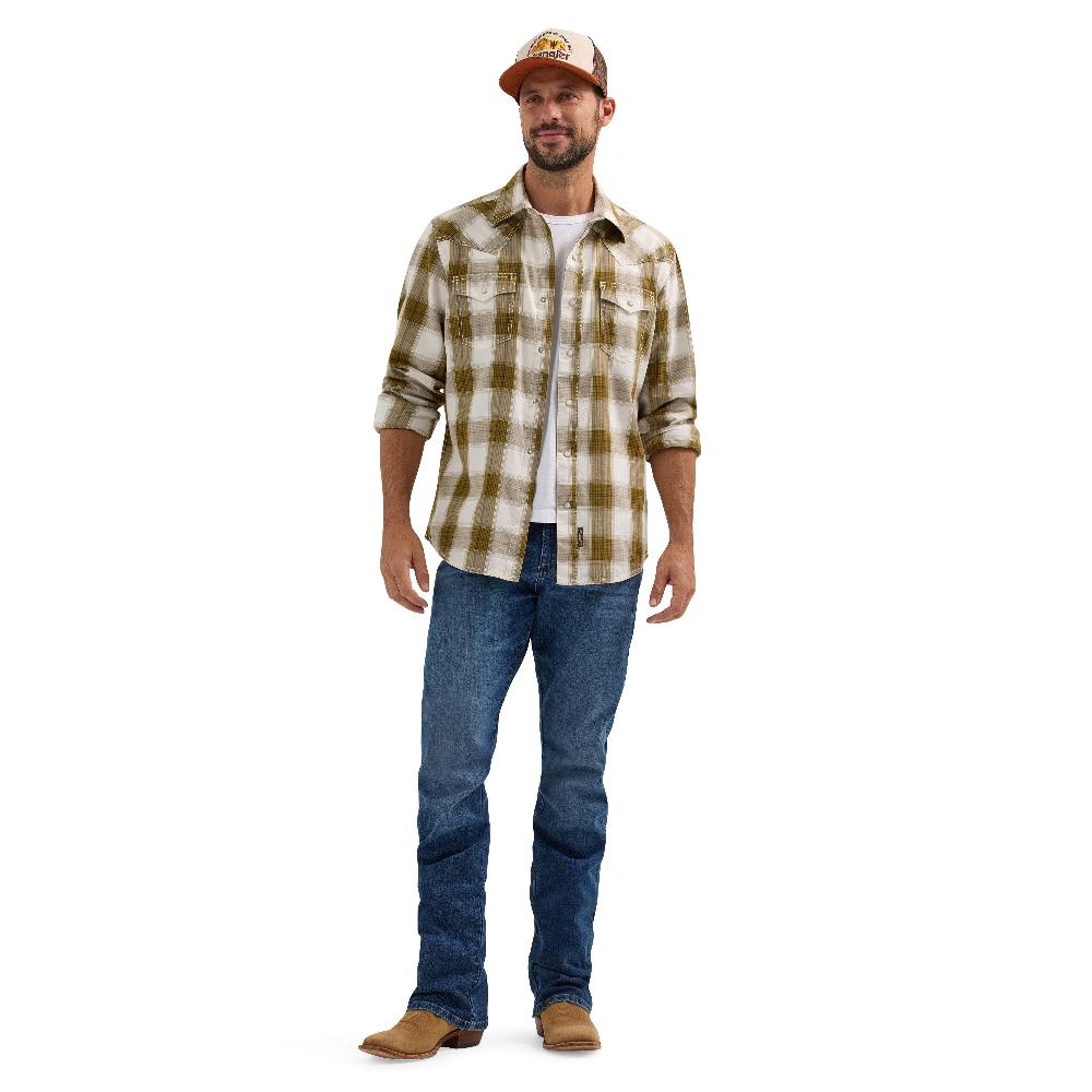 Wrangler Olive Plaid Retro Premium Men's Collared Long Sleeve Snap Shirt 112365631