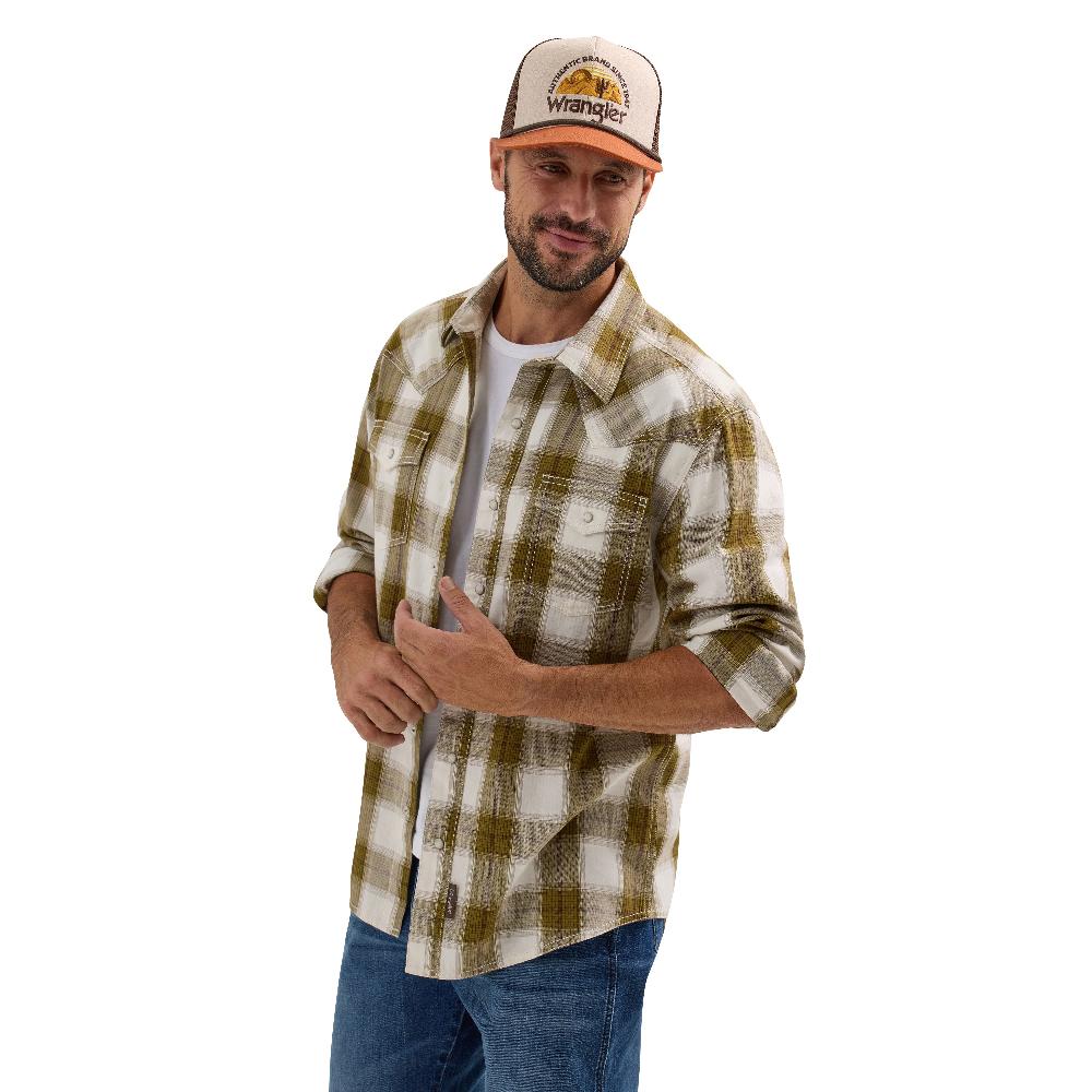Wrangler Olive Plaid Retro Premium Men's Collared Long Sleeve Snap Shirt 112365631