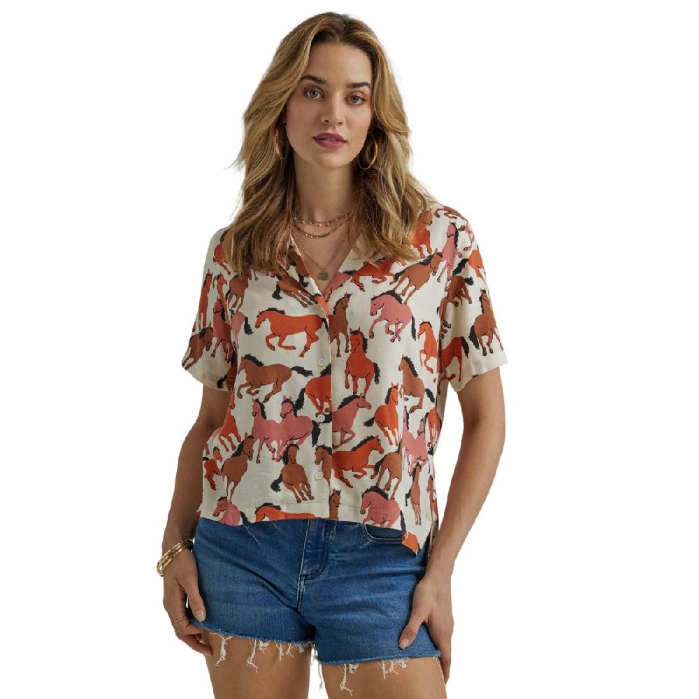 Wrangler Orange Horses Retro Cowgirl Collared Short Sleeve Camp Shirt 112344982