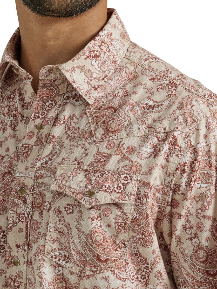 Wrangler Peach Paisley Retro Premium Men's Collared Longsleeve Snap Shirt 112346602