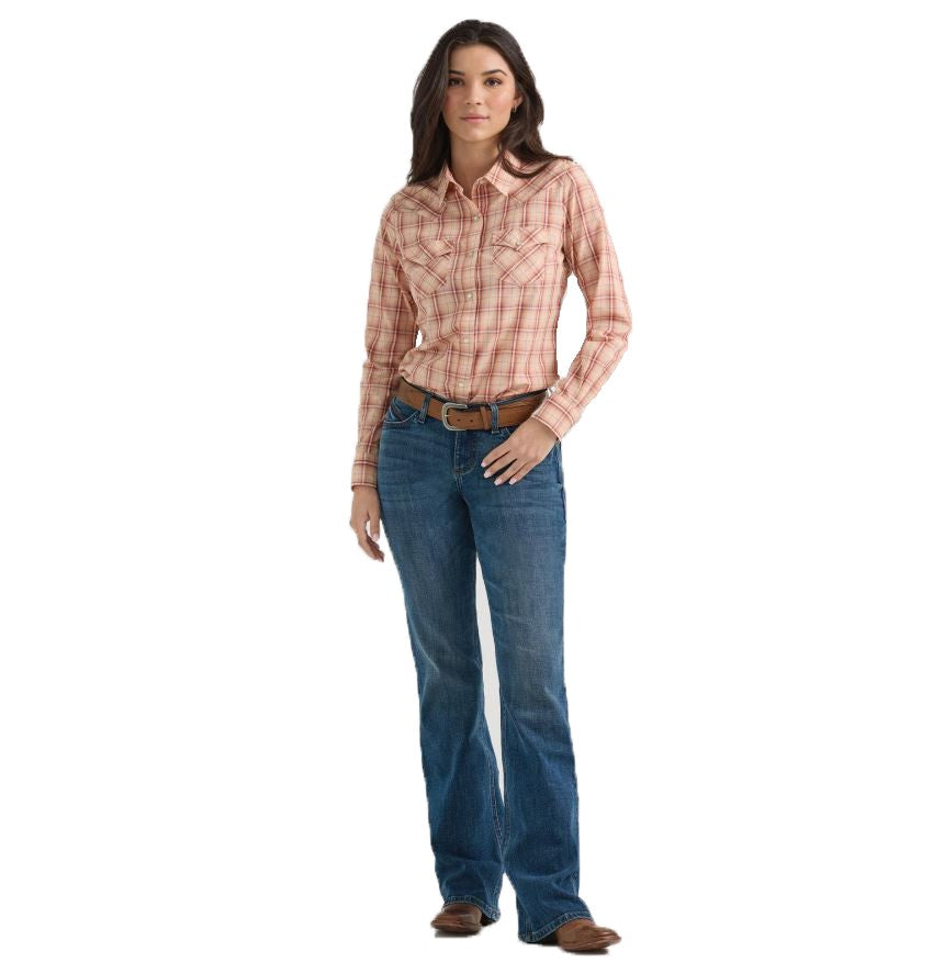 Wrangler Peach (Plaid) Women's Collared Longsleeve Essential Snap Front Top 112360784