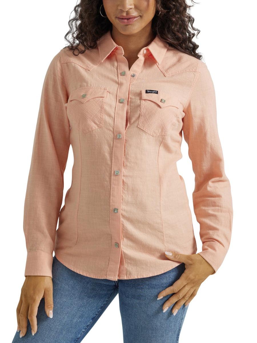 Wrangler Peach Retro Women's Collared Long Sleeve Collared Snap Shirt 112347182