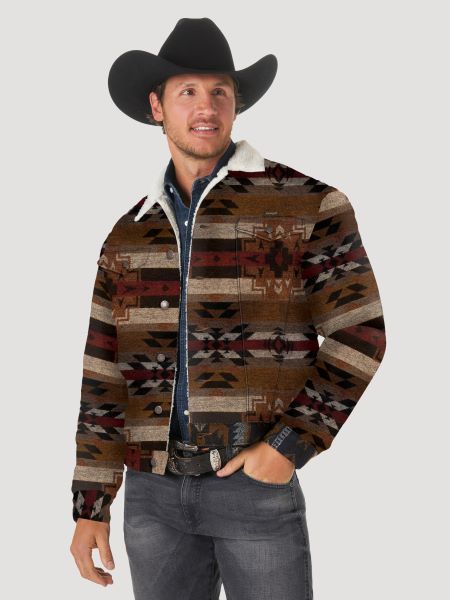 Wrangler Pecan Pie Sherpa Lined Jacquard Print Mens Jacket 112318499