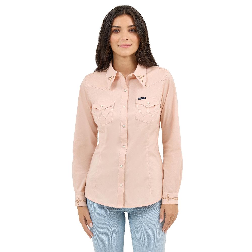Wrangler Pink Embroidered Collar Slim Women's Western Snap Shirt 112372603