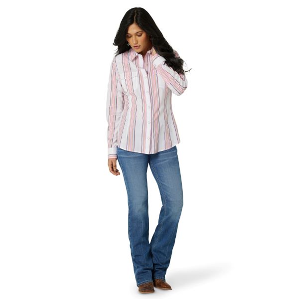 Wrangler Pink White Retro Stripe Women's Long Sleeve Western Snap Shirt 112327248