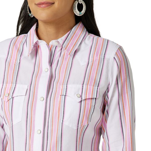 Wrangler Pink White Retro Stripe Women's Long Sleeve Western Snap Shirt 112327248