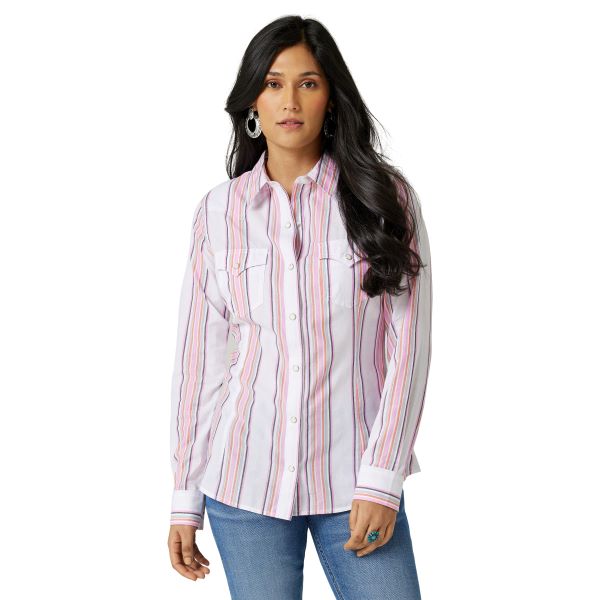 Wrangler Pink White Retro Stripe Women's Long Sleeve Western Snap Shirt 112327248