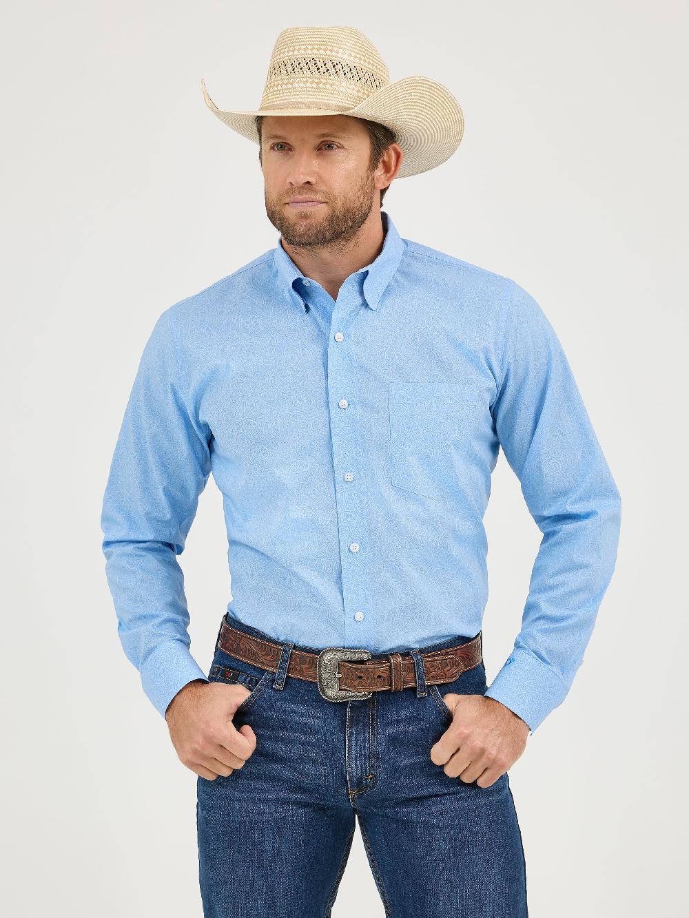 Wrangler Powder Blue Paisley Cody Johnson Collared One Pocket Longsleeve Men's Button Down Shirt 112365620