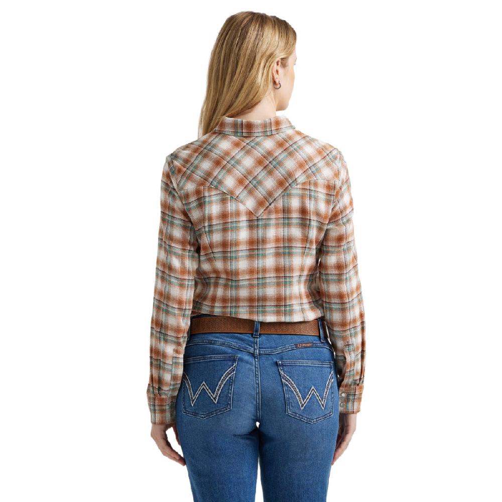 Wrangler Pumpkin Moss Plaid Women's Essential Long Sleeve Collared Western Snap Top 112356675