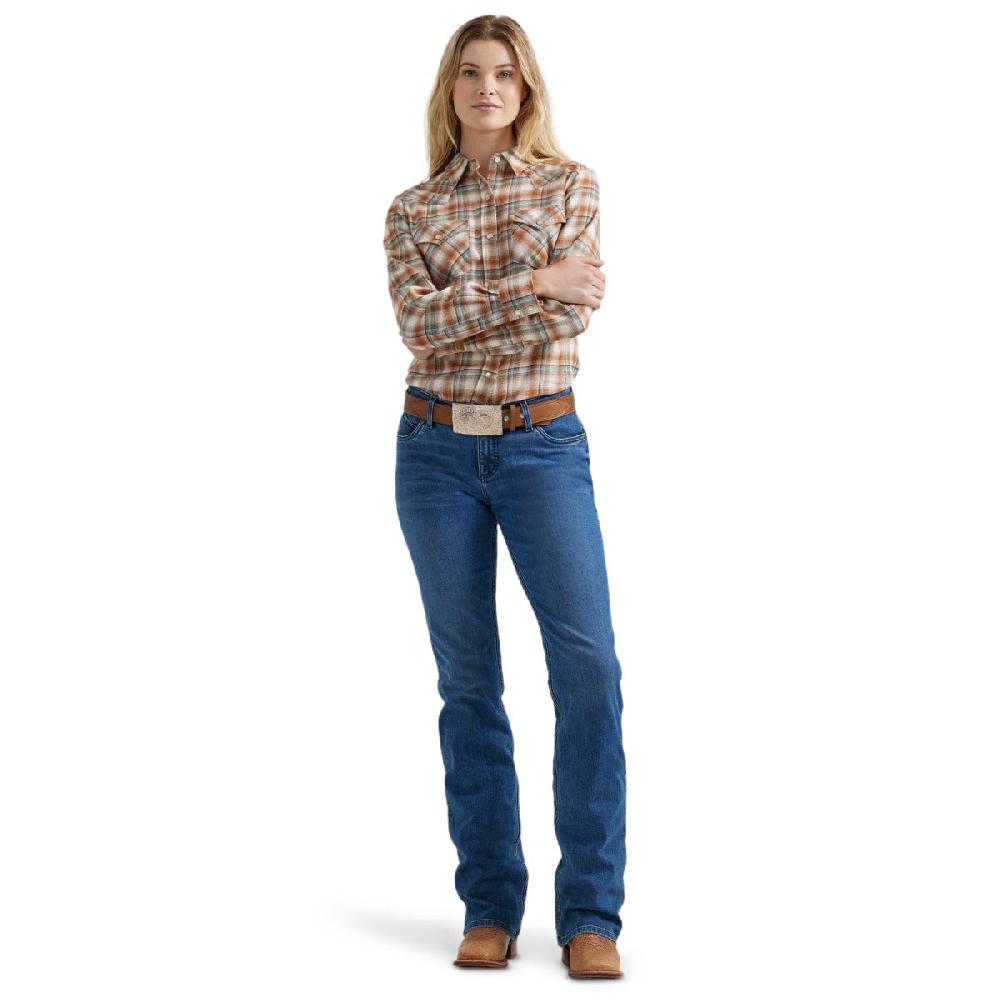 Wrangler Pumpkin Moss Plaid Women's Essential Long Sleeve Collared Western Snap Top 112356675