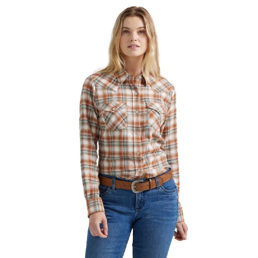 Wrangler Pumpkin Moss Plaid Women's Essential Long Sleeve Collared Western Snap Top 112356675