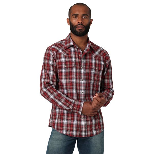 Wrangler Red Forest Plaid Retro Premium Men's Slim Fit Long Sleeve Snap Shirt 112330790