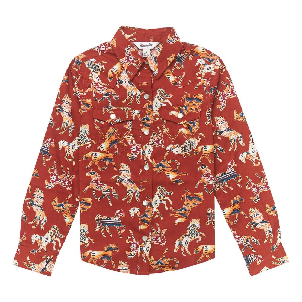 Wrangler Red Multi Aztec Print Horse Girls Collared Long Sleeve Western Snap Shirt 112353022