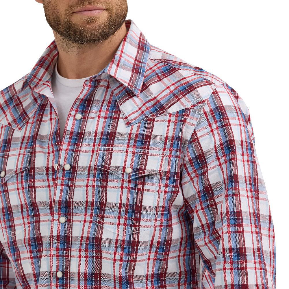 Wrangler Red Ombre Plaid Retro Premium Long Sleeve Men's Collared Longsleeve Snap Shirt 112365626