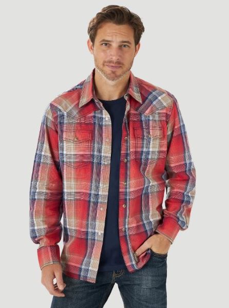 Wrangler Red Pepper Plaid Retro Premium Western Snap Long Sleeve Mens Shirt 112314958
