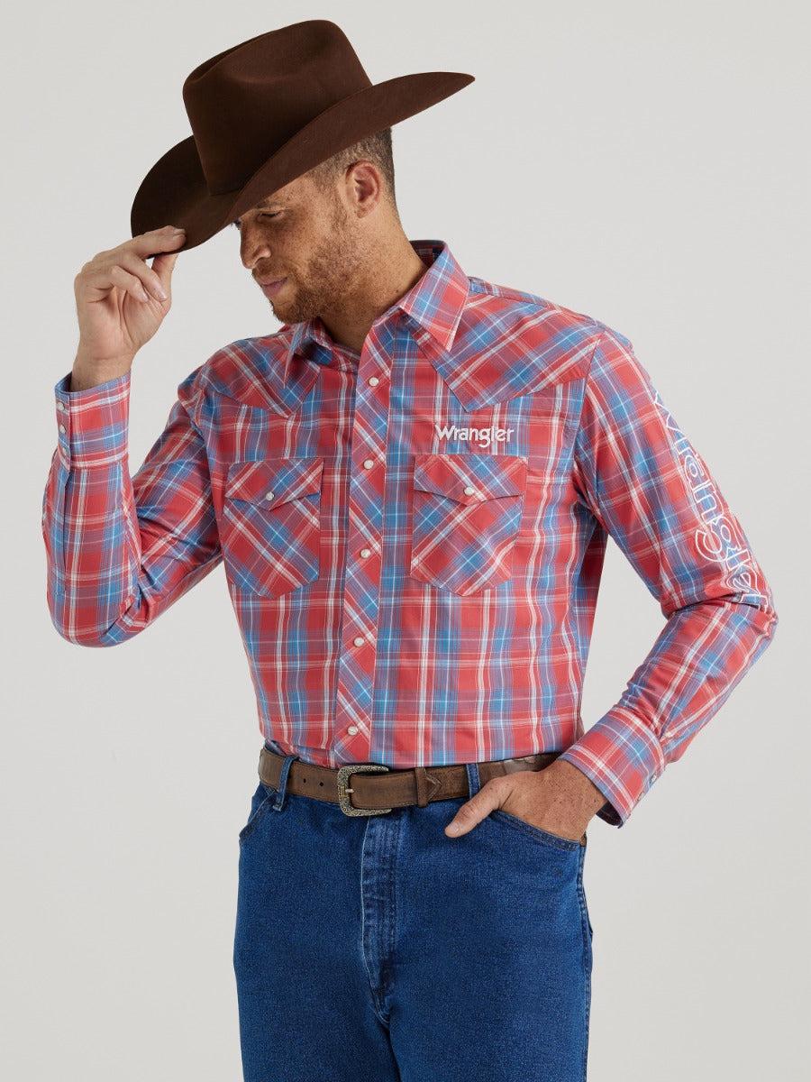 Wrangler Red Plaid Men's Collared Longsleeve Western Logo Snap Shirt 112344433