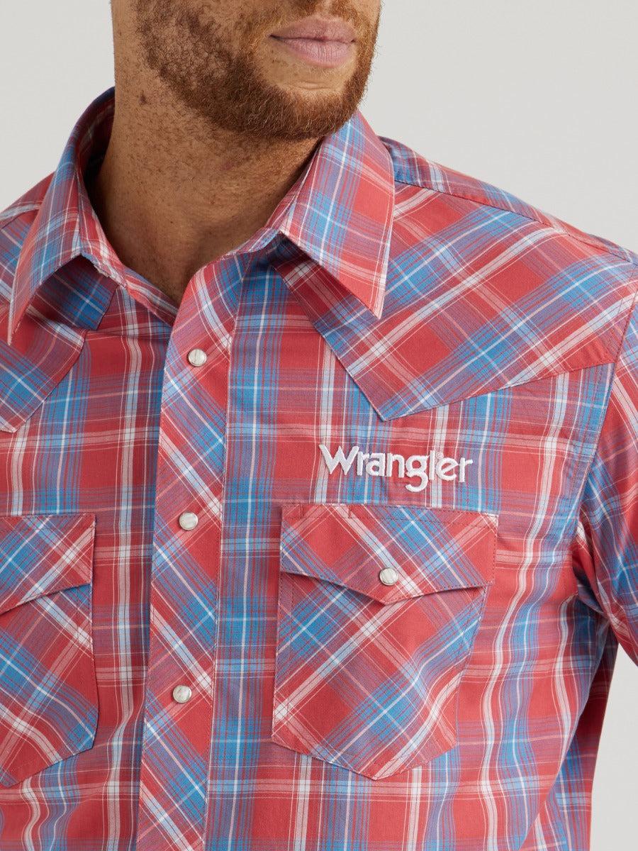 Wrangler Red Plaid Men's Collared Longsleeve Western Logo Snap Shirt 112344433