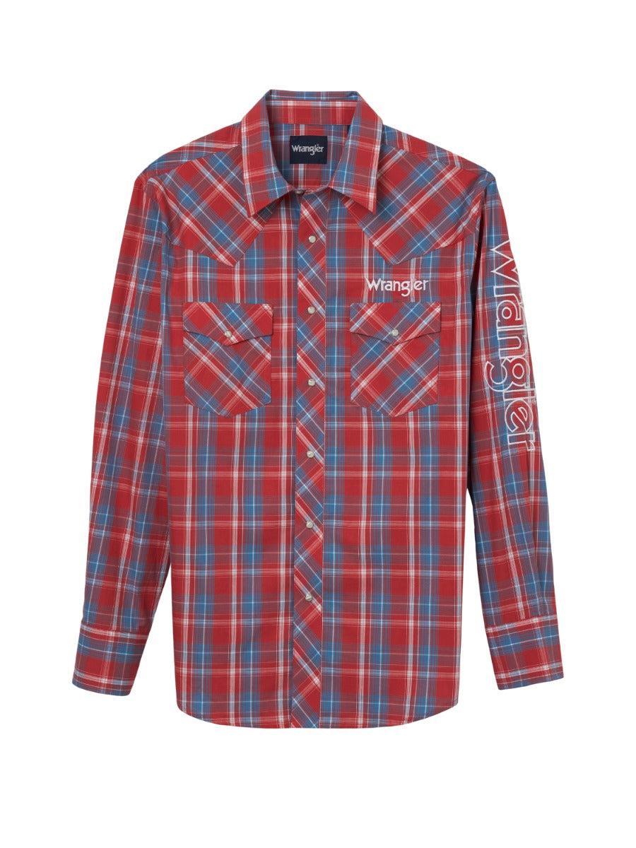 Wrangler Red Plaid Men's Collared Longsleeve Western Logo Snap Shirt 112344433