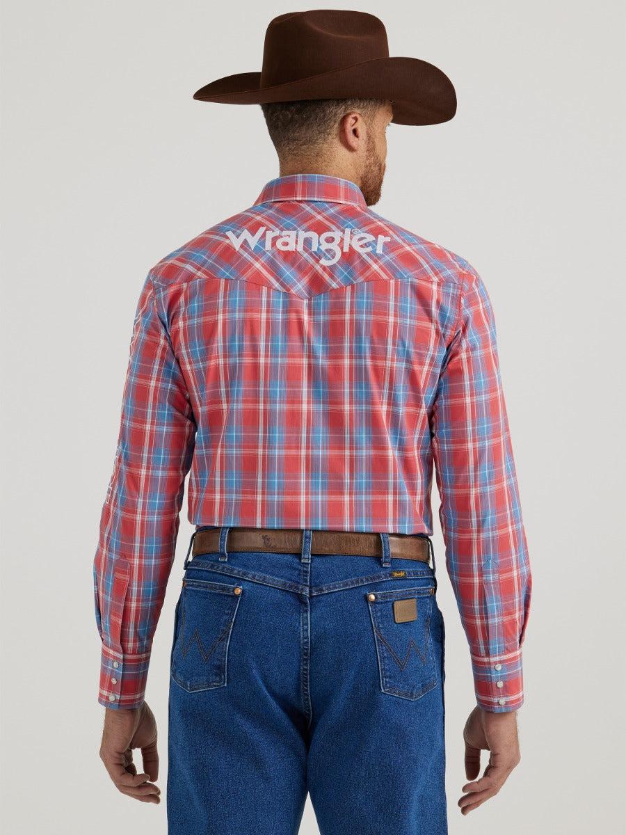 Wrangler Red Plaid Men's Collared Longsleeve Western Logo Snap Shirt 112344433