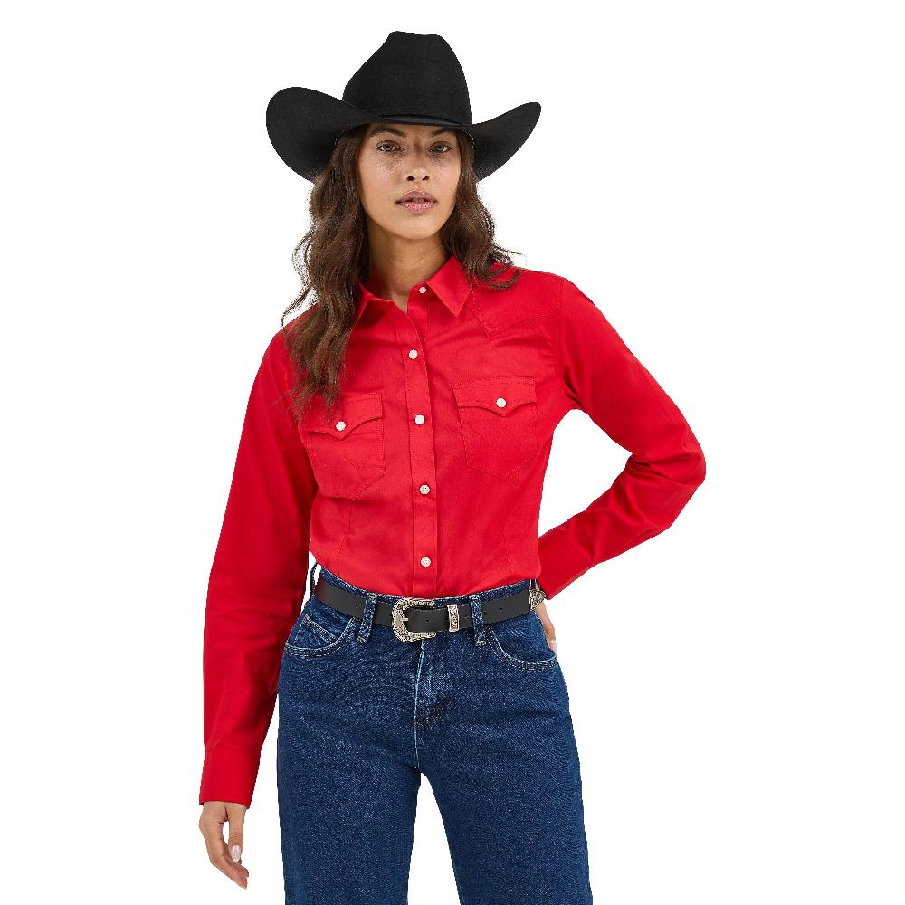 Wrangler Red Retro Women's Collared Long Sleeve Solid Button Front Shirt 112358017