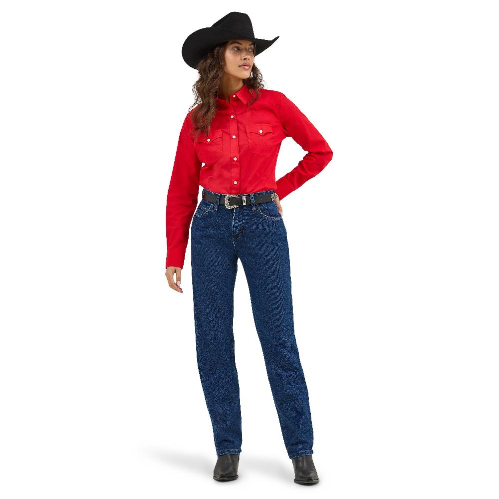 Wrangler Red Retro Women's Collared Long Sleeve Solid Button Front Shirt 112358017