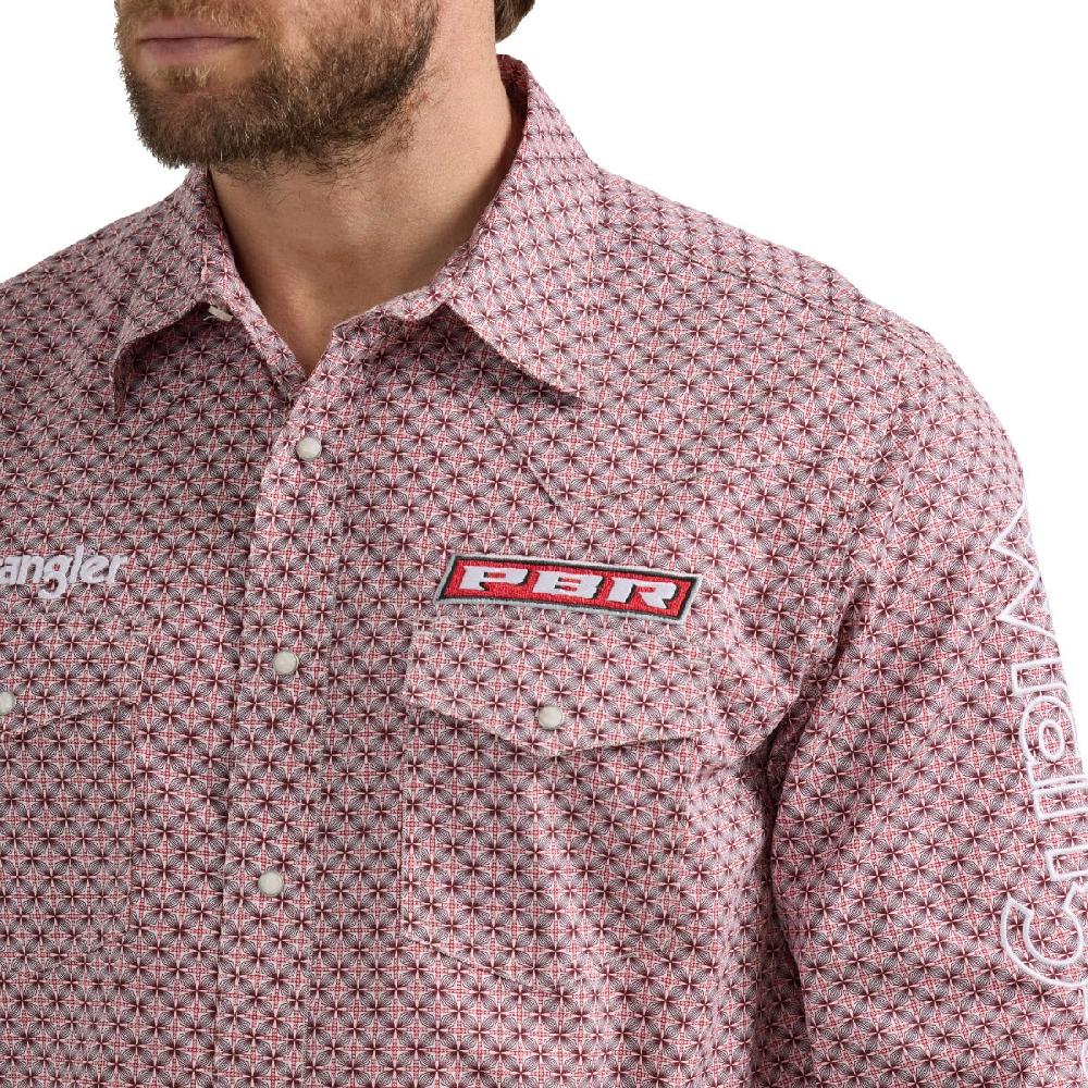 Wrangler Red Rodeo With Print Wrangler PBR Logo Men's Longsleeve Collared Western Snap Shirt 112352655