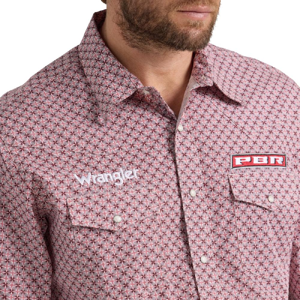 Wrangler Red Rodeo with Print Wrangler PBR Logo Men's Longsleeve Collared Western Snap Shirt 112352655
