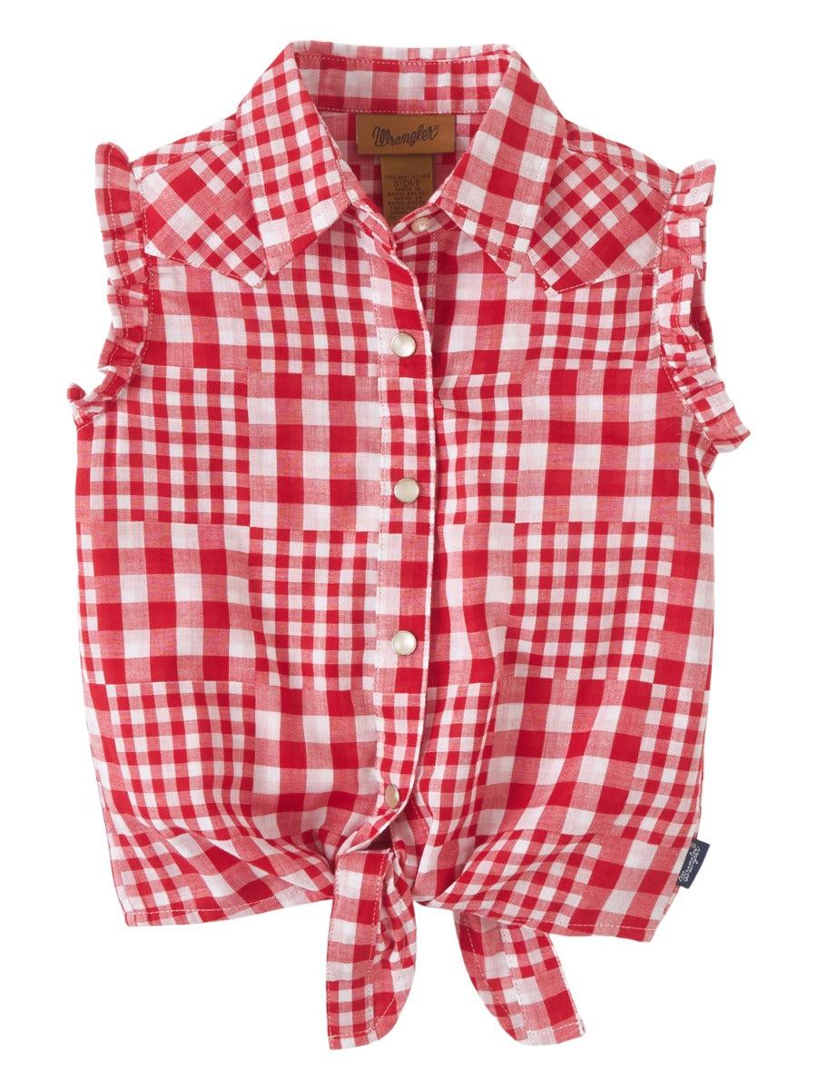Wrangler Red Sleeveless Picnic Tie Front Girls Collared Shirt 112346581