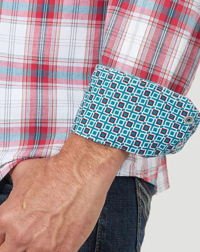 Wrangler Red/Teal 20X Comfort Long Sleeve Two Pocket Western Mens Snap Plaid Shirt MJC277R