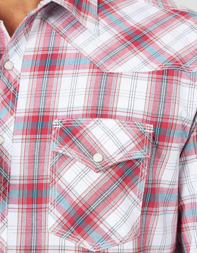 Wrangler Red/Teal 20X Comfort Long Sleeve Two Pocket Western Mens Snap Plaid Shirt MJC277R