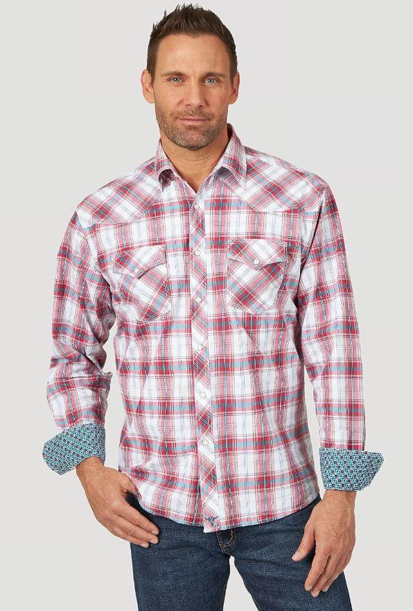Wrangler Red/Teal 20X Comfort Long Sleeve Two Pocket Western Mens Snap Plaid Shirt MJC277R