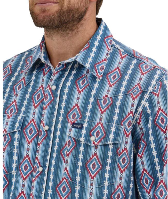 Wrangler Red/White/Blue Americana Aztec Print Men's Vintage Inspired Long Sleeve Shirt 112368193