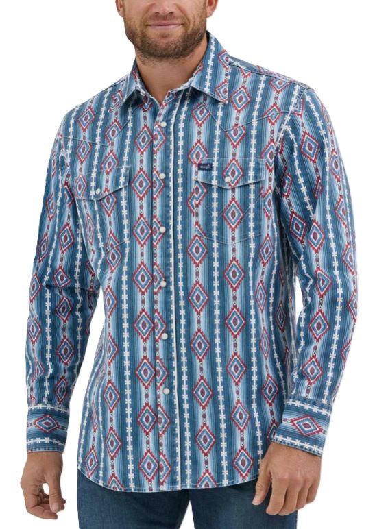 Wrangler Red/White/Blue Americana Aztec Print Men's Vintage Inspired Long Sleeve Shirt 112368193