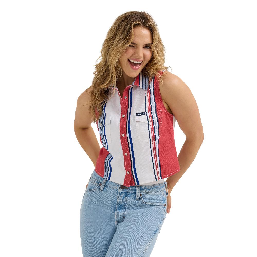 Wrangler Red/White/Blue Brushpopper Stripe Women's Slim Crop Snap Tank Top 112362249
