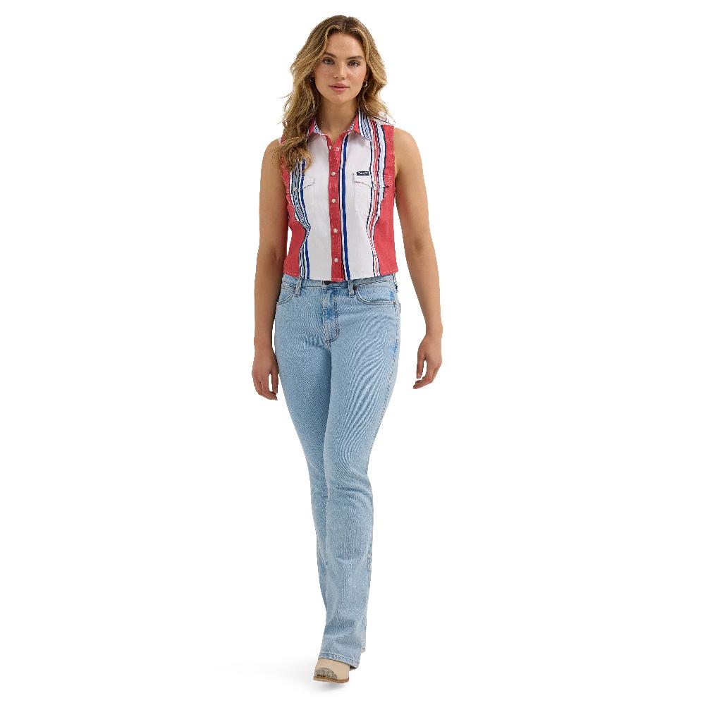 Wrangler Red/White/Blue Brushpopper Stripe Women's Slim Crop Snap Tank Top 112362249