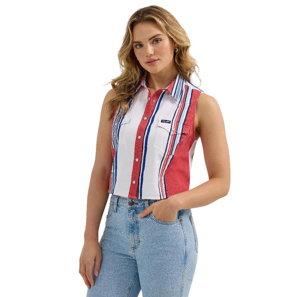 Wrangler Red/White/Blue Brushpopper Stripe Women's Slim Crop Snap Tank Top 112362249