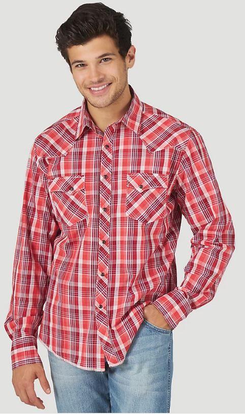 Wrangler Red/White Men's Long Sleeve Fashion Western Snap Plaid Shirt MVG341R
