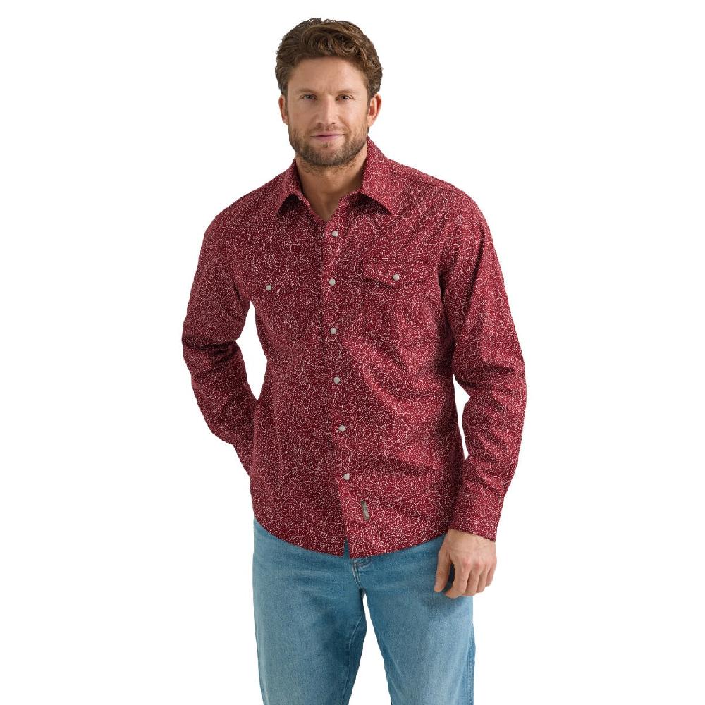 Wrangler Red with Print Retro Premium Men's Spread Collar Longsleeve Snap Shirt 112359925