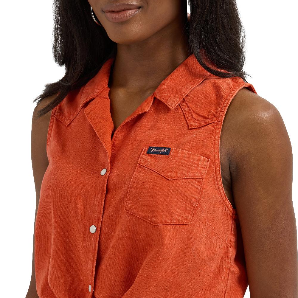 Wrangler Reddish Orange Women's Sleeveless Tie Front Camp Shirt 112364384