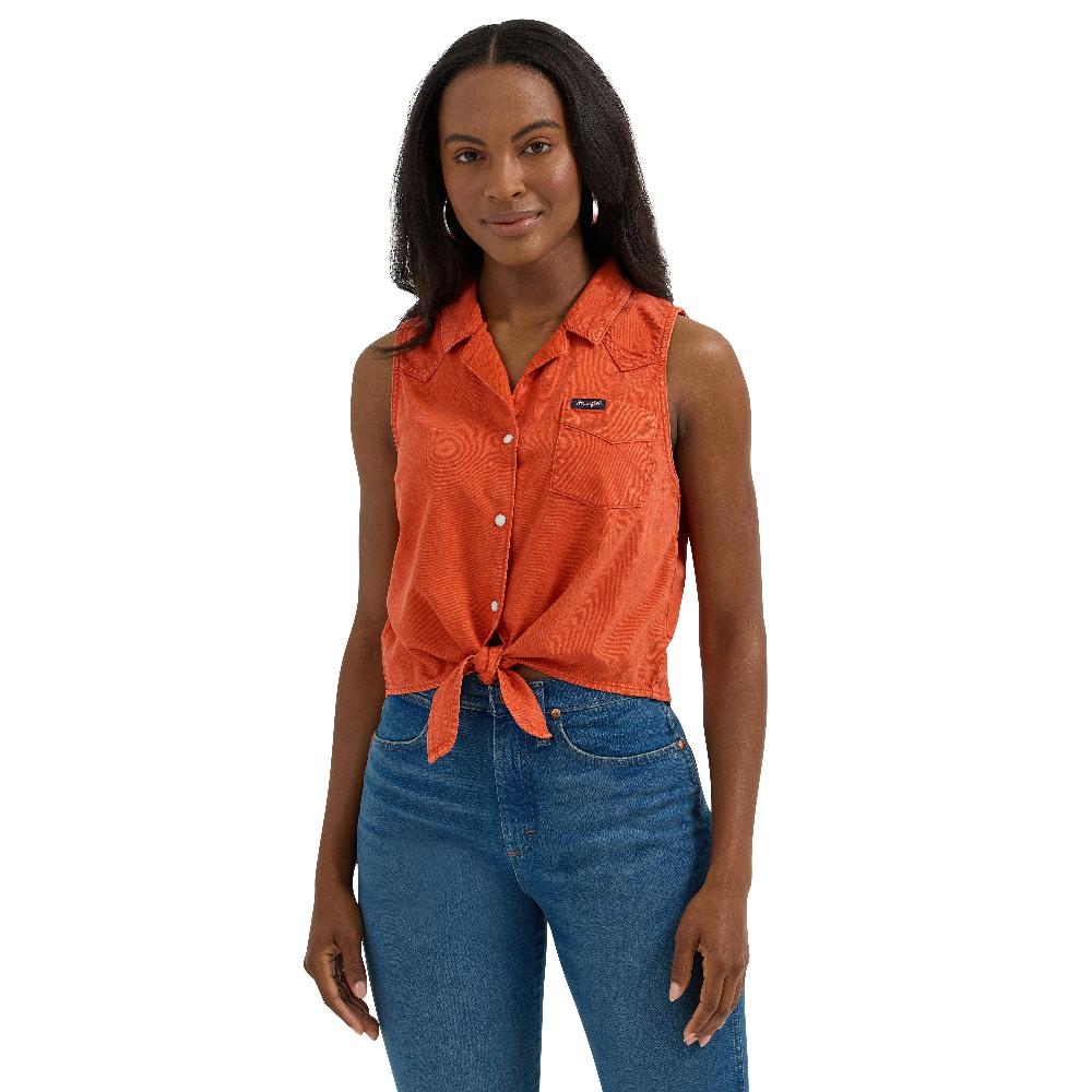 Wrangler Reddish Orange Women's Sleeveless Tie Front Camp Shirt 112364384